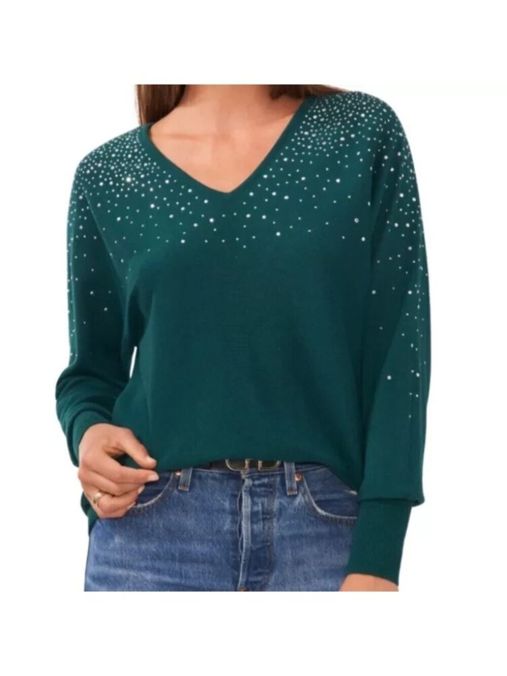 Sam & Jess Women's V-Neck Embellished Long-Sleeve Sweater Wise Green NEW